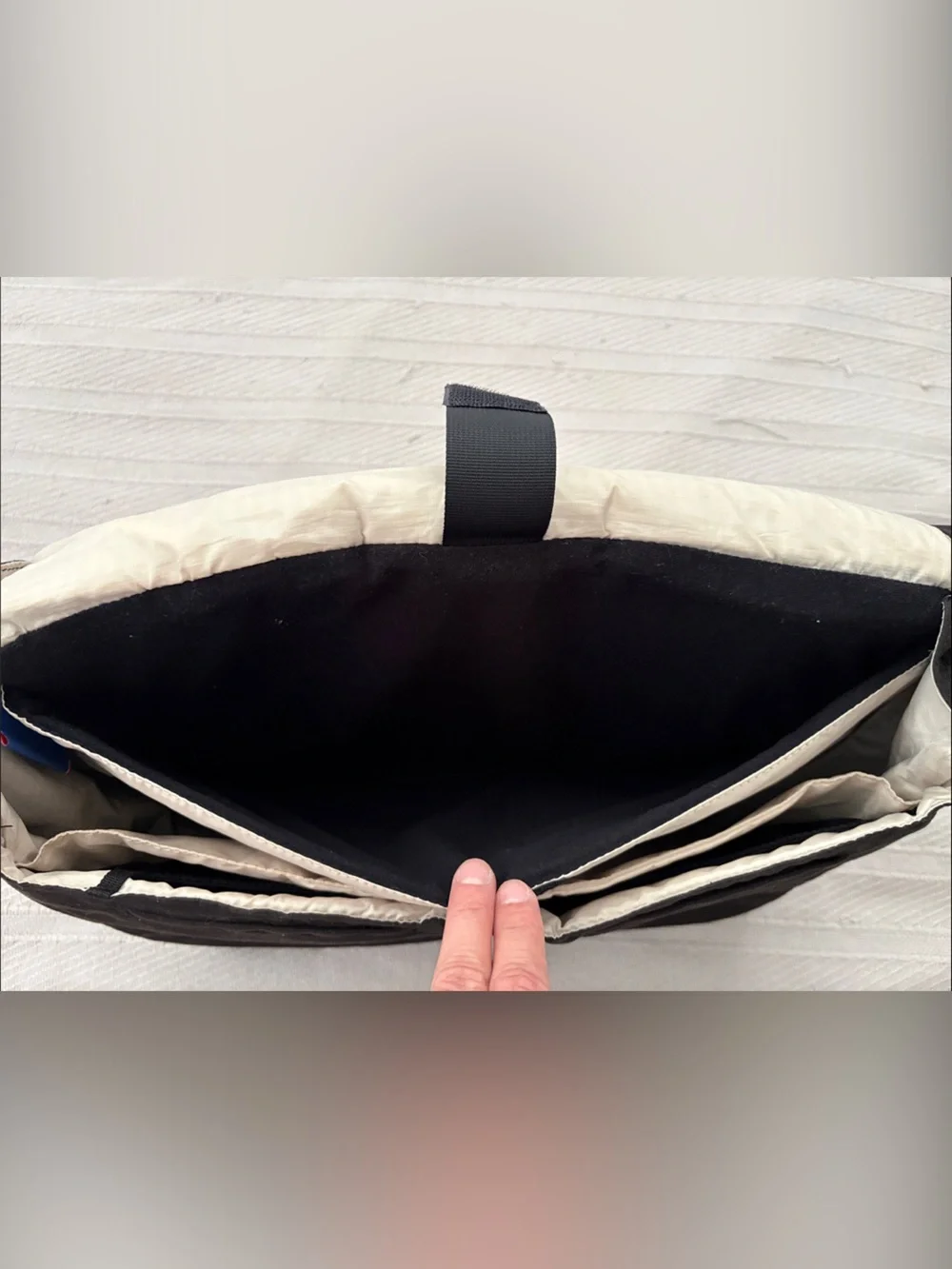 cotopaxi Black Messenger Bag with Cream Stripe